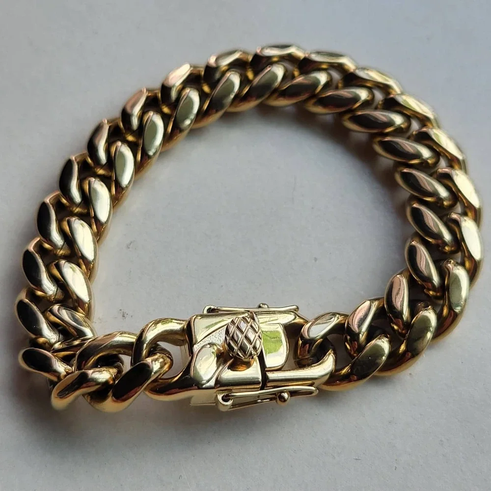 14K Gold Plated Stainless Steel Cuban Link Bracelet 8in Gold 12mm Thick